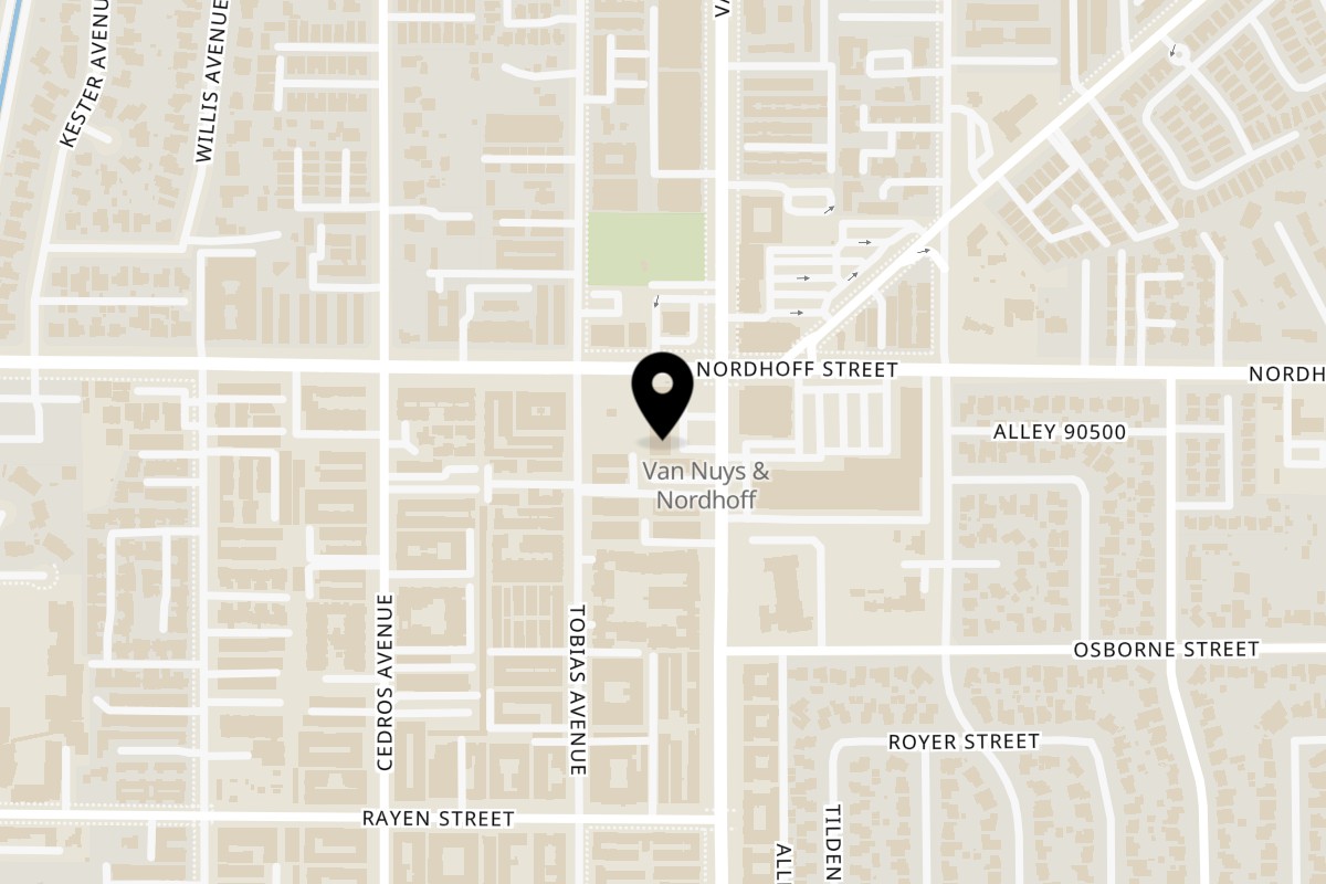 Map showing the location of Milan's Pizzeria on 9061 Van Nuys Boulevard in Panorama City